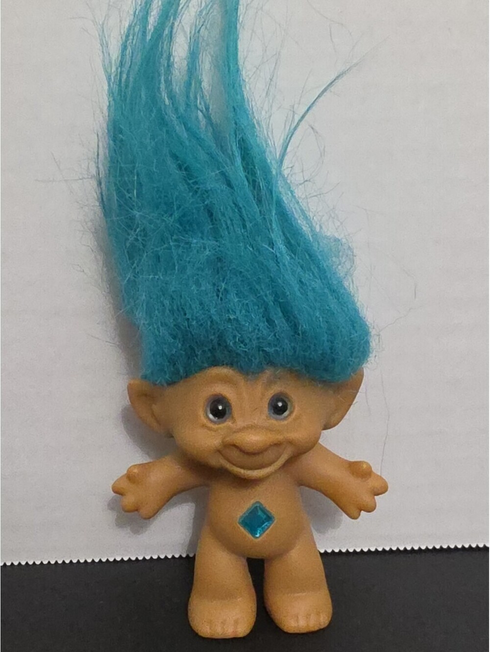 Vintage Troll Doll Ace Novelty Mini Teal Hair & Diamond Belly Jewel 3” Tall